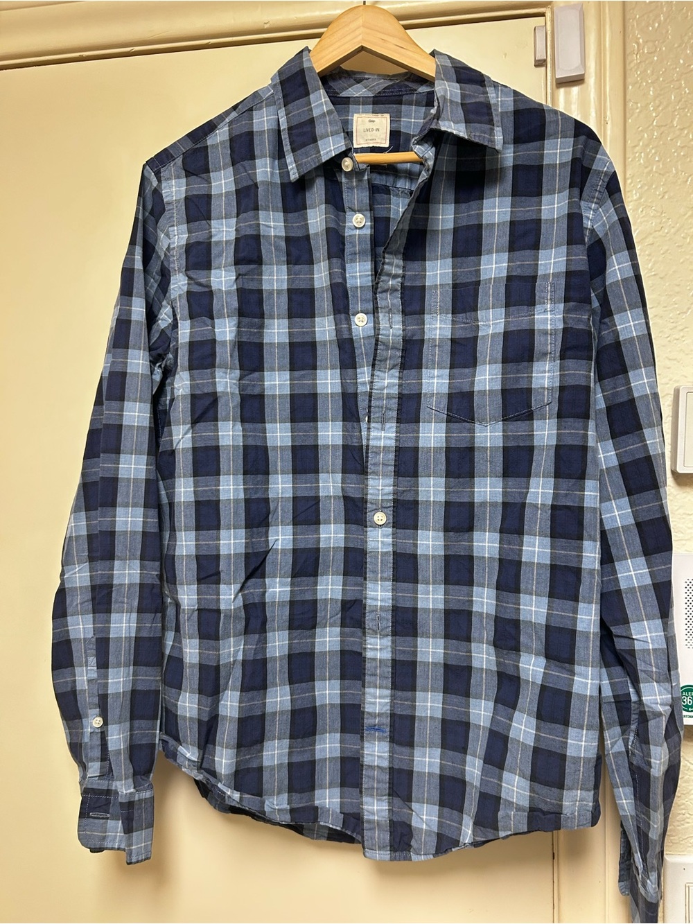 GAP Men’s Navy and Light Blue Plaid Button-Down Shirt
